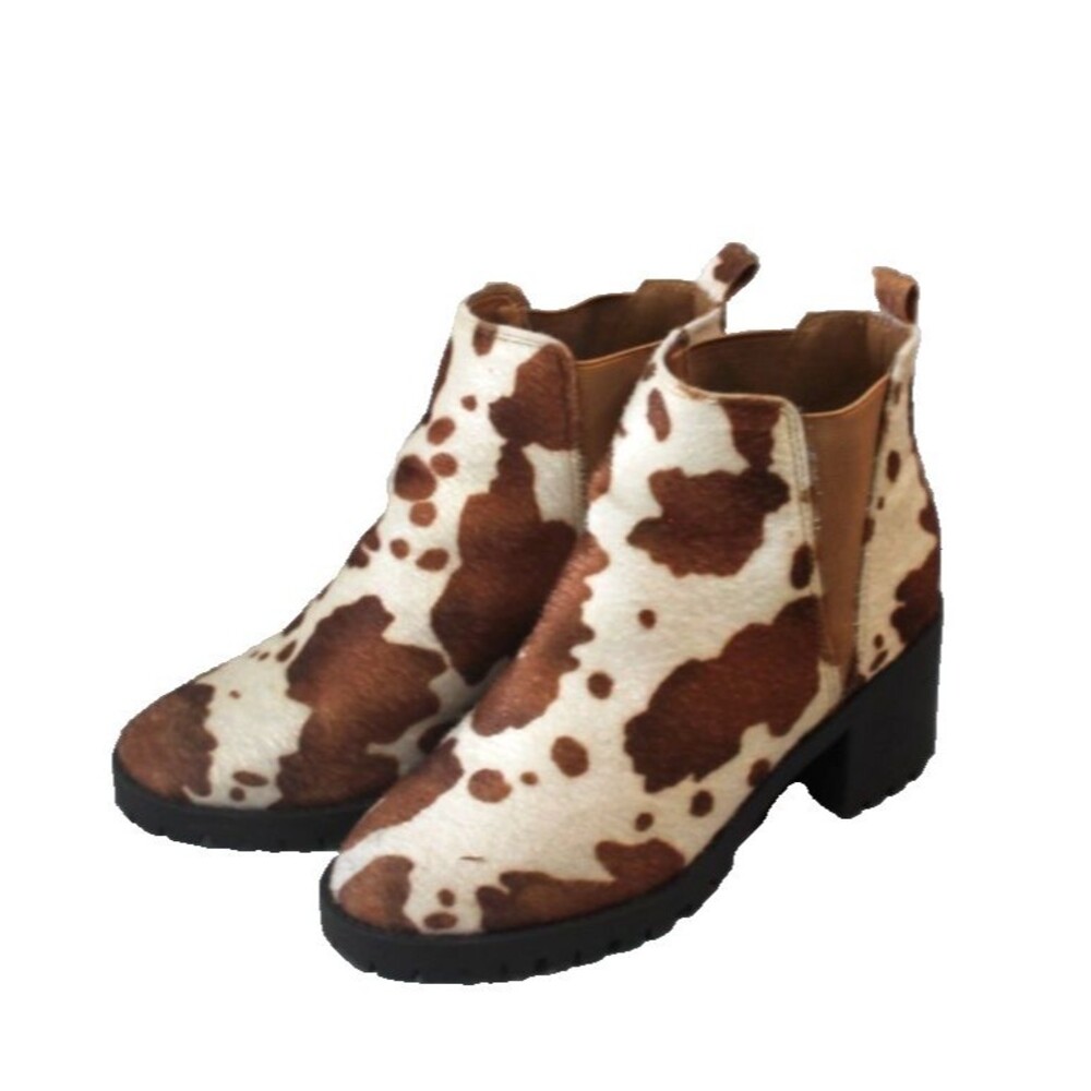 Western Cow Print Boots Chunky Heel Brown & Ivory Women's Size 6